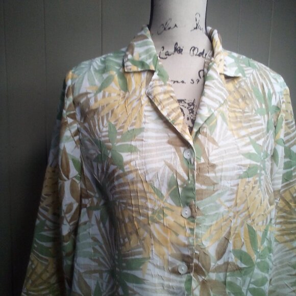 Cathy Daniels Blouse M Button Up Sheer Textured 3/4 Sleeve Floral Brown Green - Picture 13 of 16